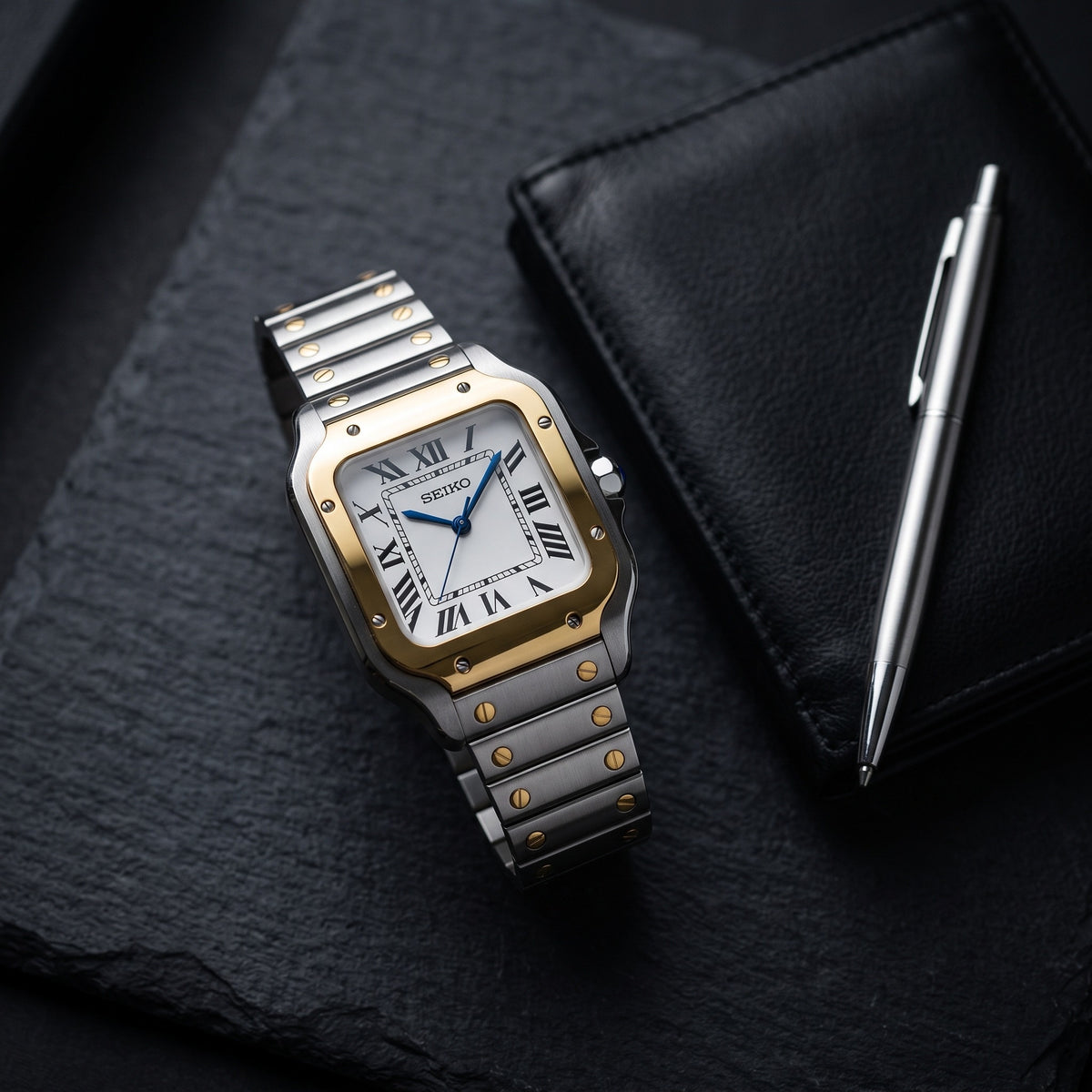 Seiktos Mod – Two-Tone Gold Silver Dial – 38mm – Automatic – lifestyle flat lay