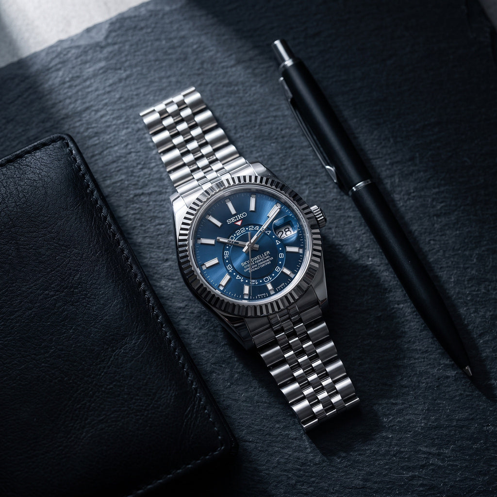 Sky Mod – Blue Dial – 41mm – Automatic – lifestyle flat lay
