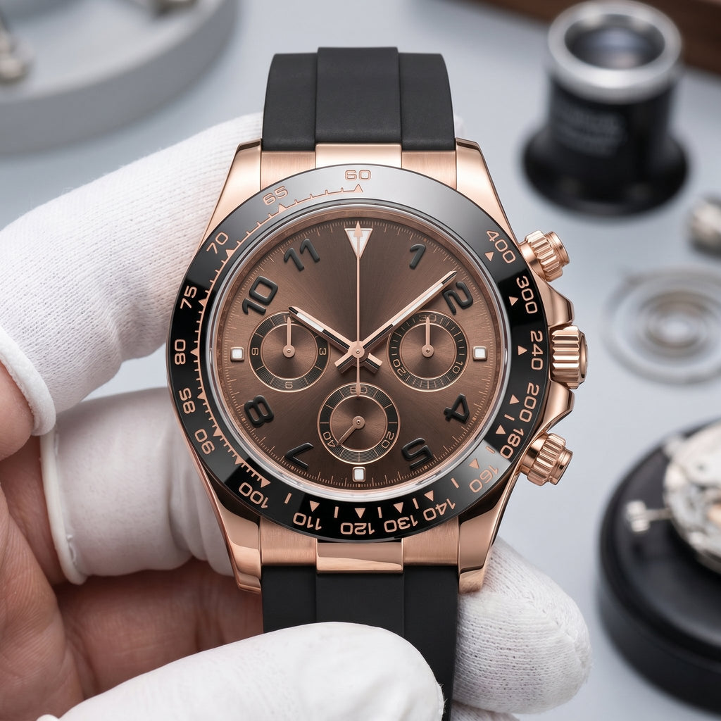 Tona Mod – Rose Gold · Brown Dial · Rubber – 40mm – Chronograph - close-up detail
