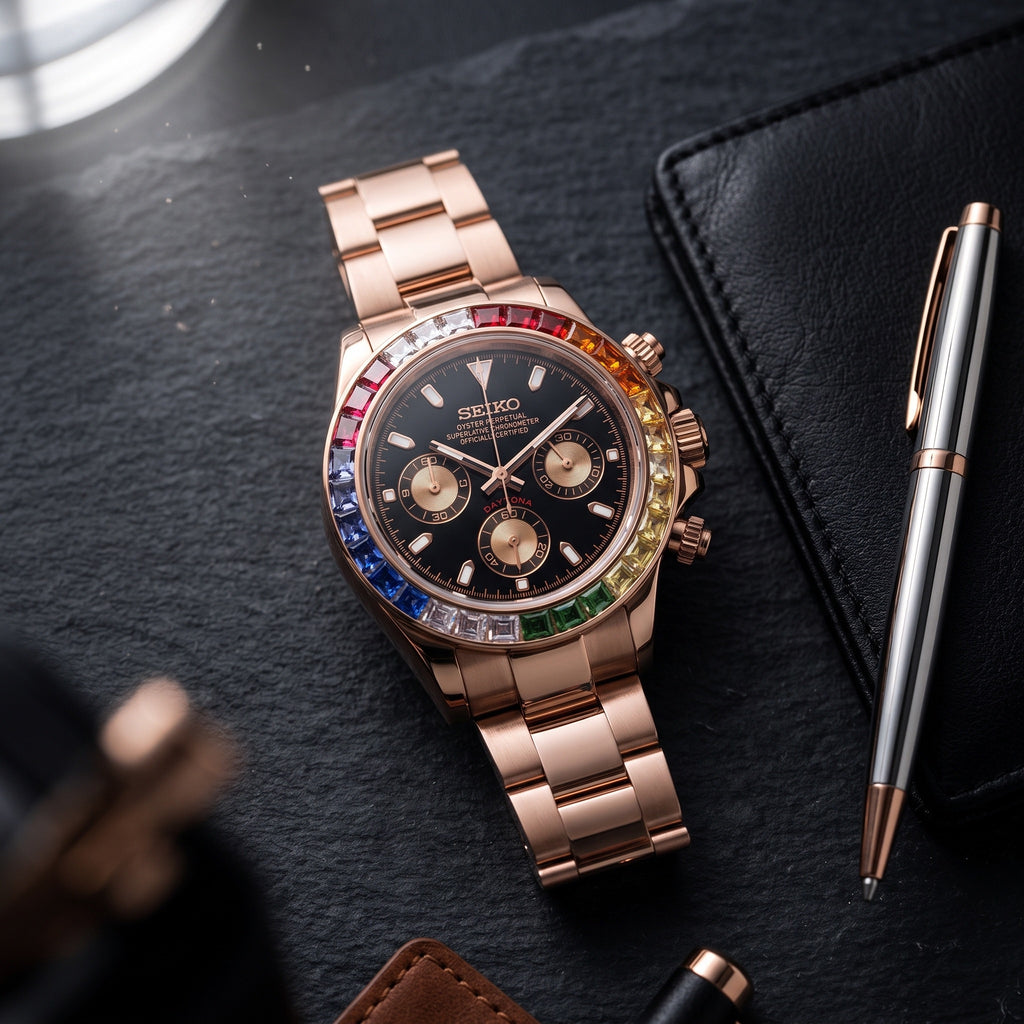 Tona Mod – Rose Gold · Rainbow Bezel · Black Dial – 40mm – Chronograph – lifestyle flat lay