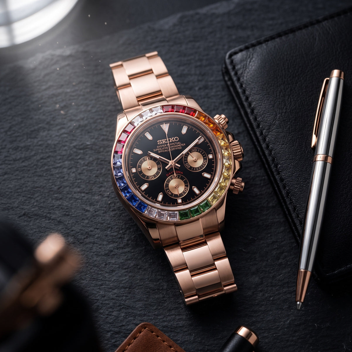 Tona Mod – Rose Gold · Rainbow Bezel · Black Dial – 40mm – Chronograph – lifestyle flat lay