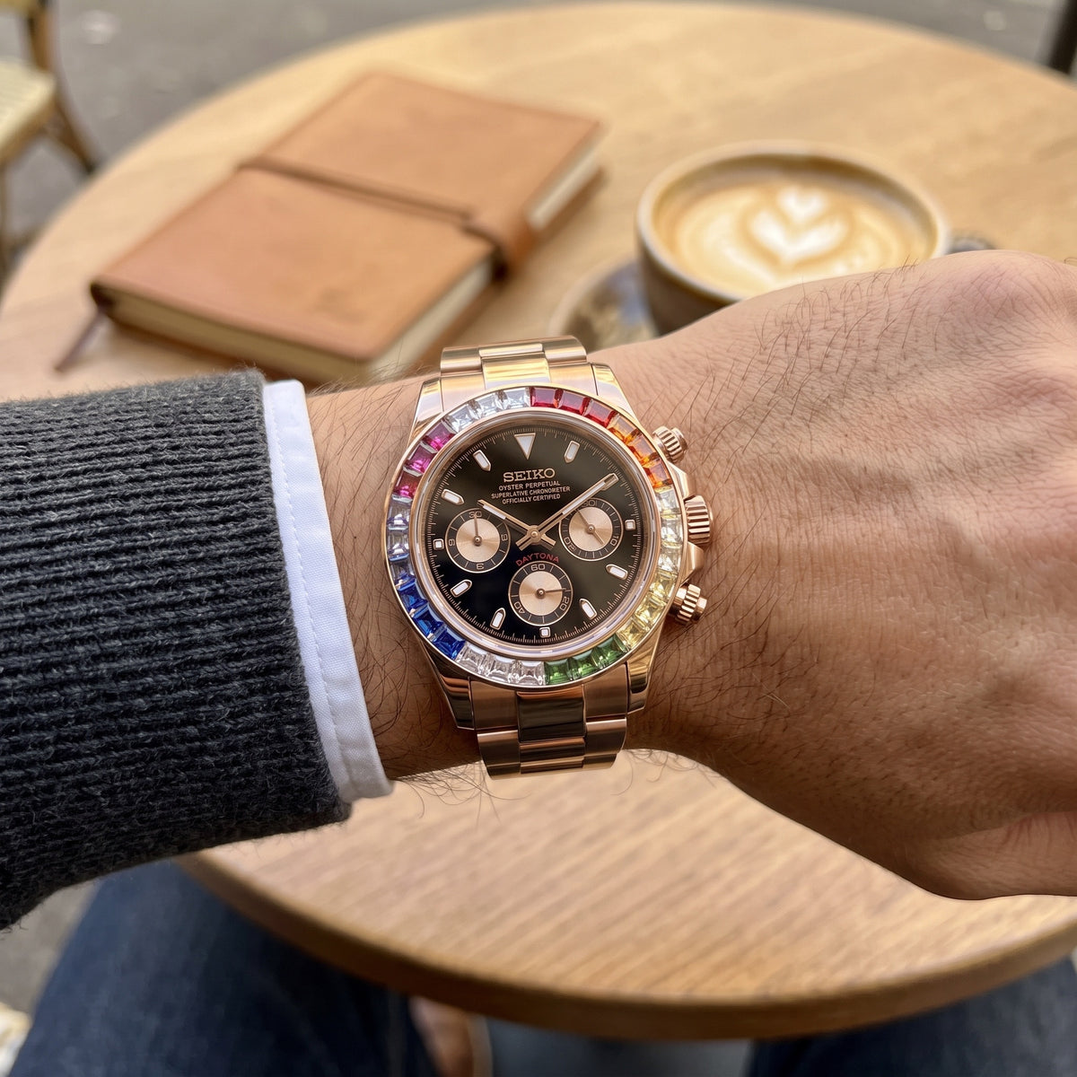 Tona Mod – Rose Gold · Rainbow Bezel · Black Dial – 40mm – Chronograph – on-wrist view