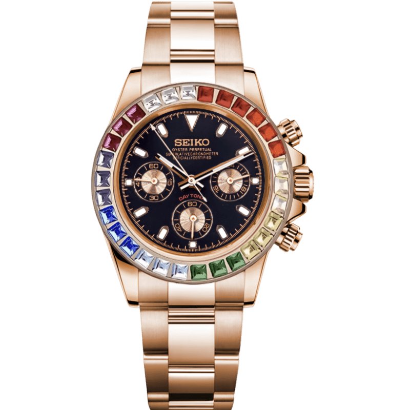 Tona Mod – Rose Gold · Rainbow Bezel · Black Dial – 40mm – Chronograph — with Seiko logo