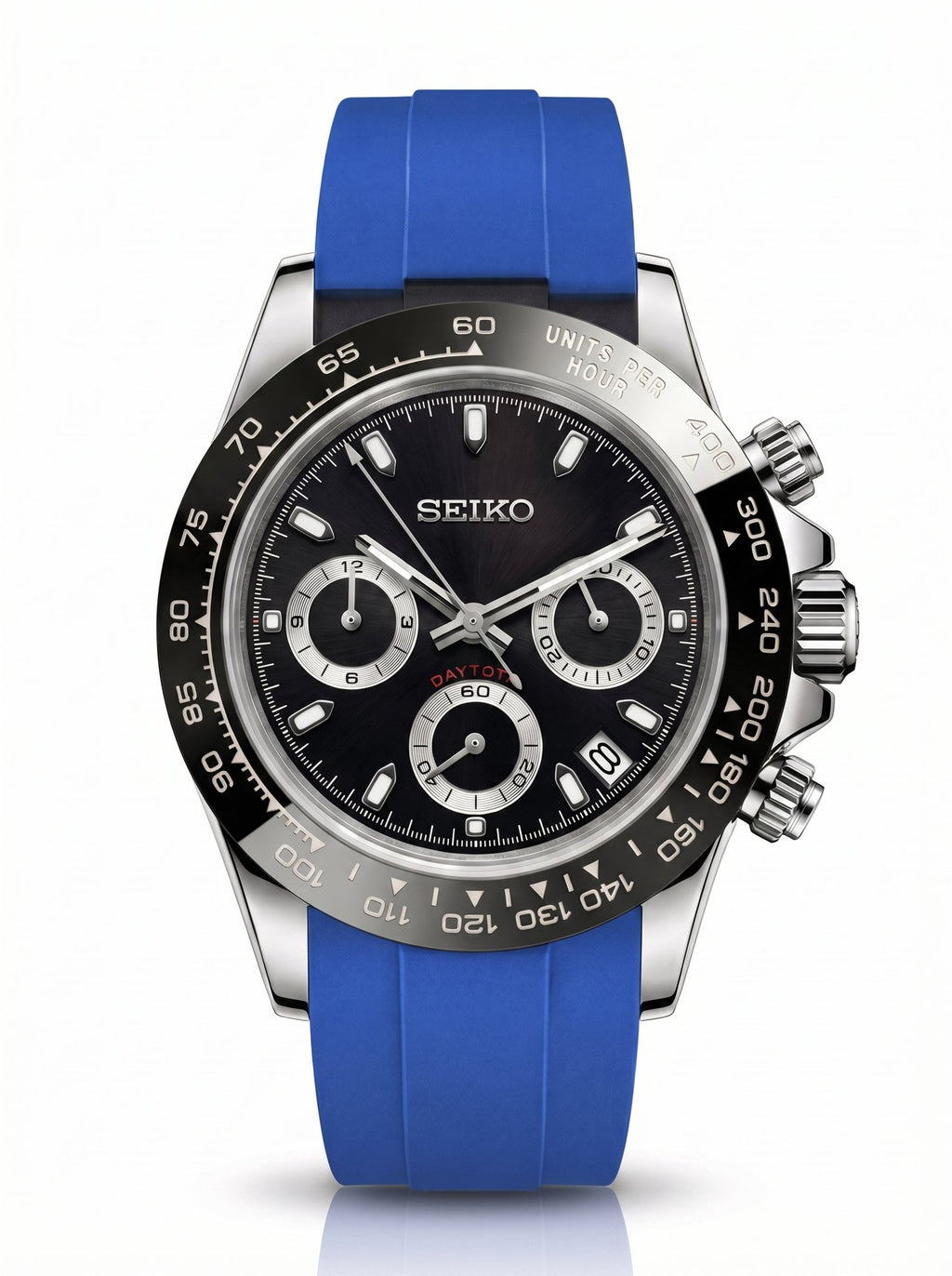 Tona Mod – Steel · Black Dial · Blue Rubber – 40mm – Chronograph — with Seiko logo
