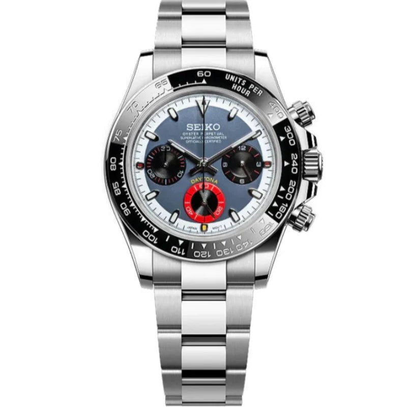 Tona Mod – Steel · Blue Dial Red Accents – 40mm – Chronograph — with Seiko logo