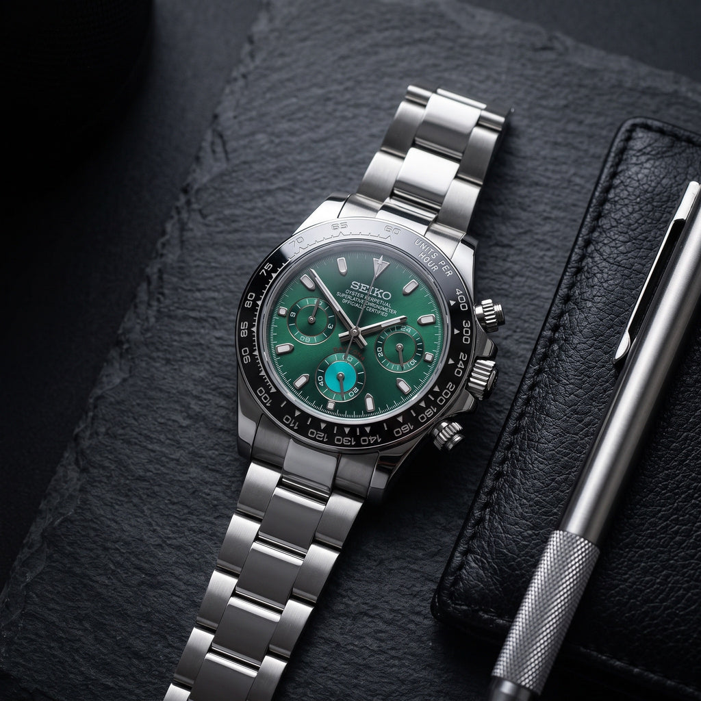 Tona Mod – Steel · Green Dial – 40mm – Chronograph – lifestyle flat lay