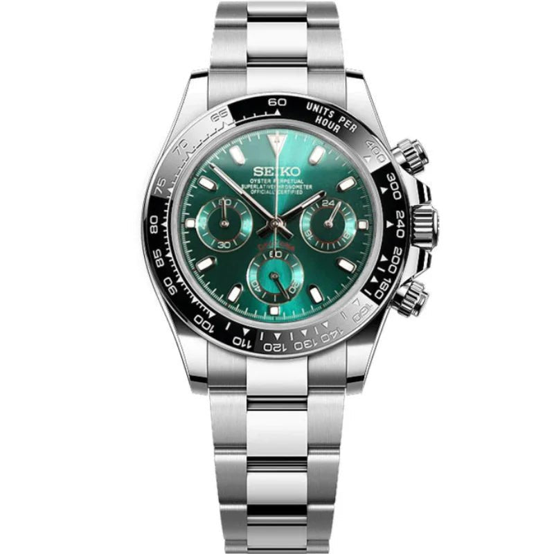 Tona Mod – Steel · Green Dial – 40mm – Chronograph — with Seiko logo