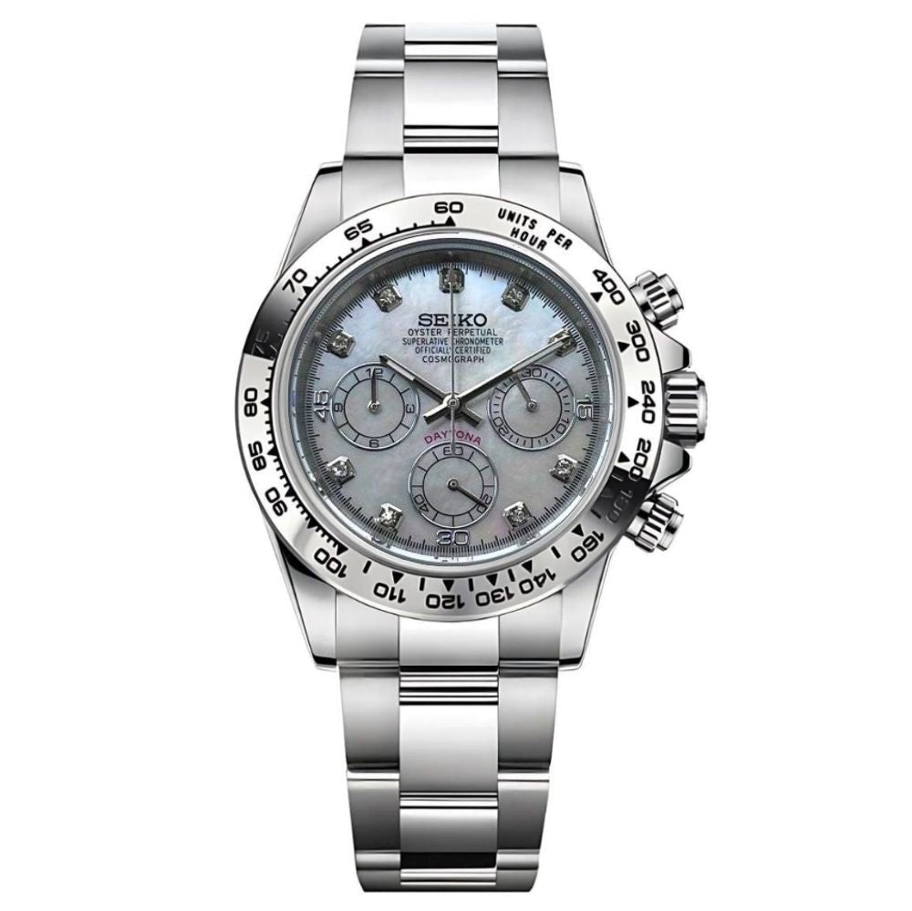 Tona Mod – Steel · Grey Marble Dial – 40mm – Chronograph — with Seiko logo