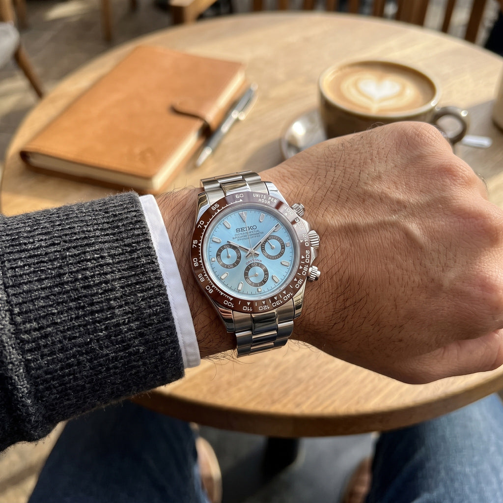 Tona Mod – Steel · Ice-Blue Brown-Bezel Dial – 40mm – Chronograph – on-wrist view