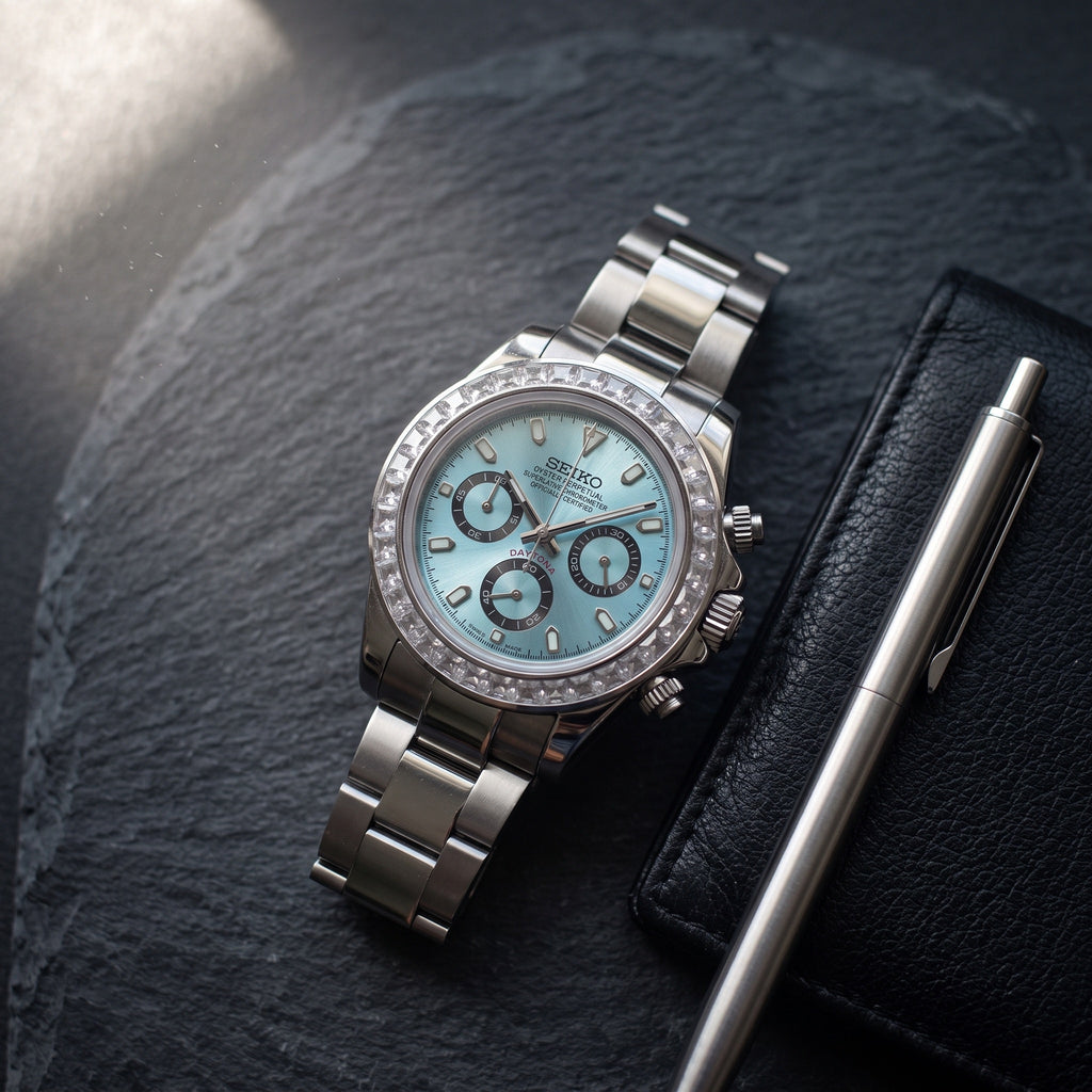 Tona Mod – Steel · Ice-Blue Dial · Diamond Bezel – 40mm – Chronograph – lifestyle flat lay