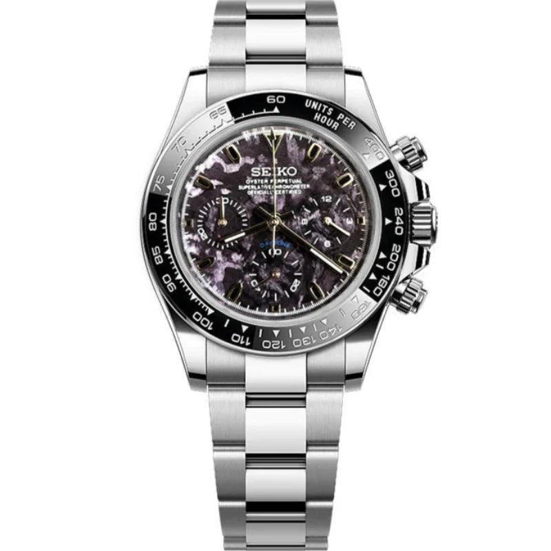 Tona Mod – Steel · Purple Marble Dial – 40mm – Chronograph — with Seiko logo