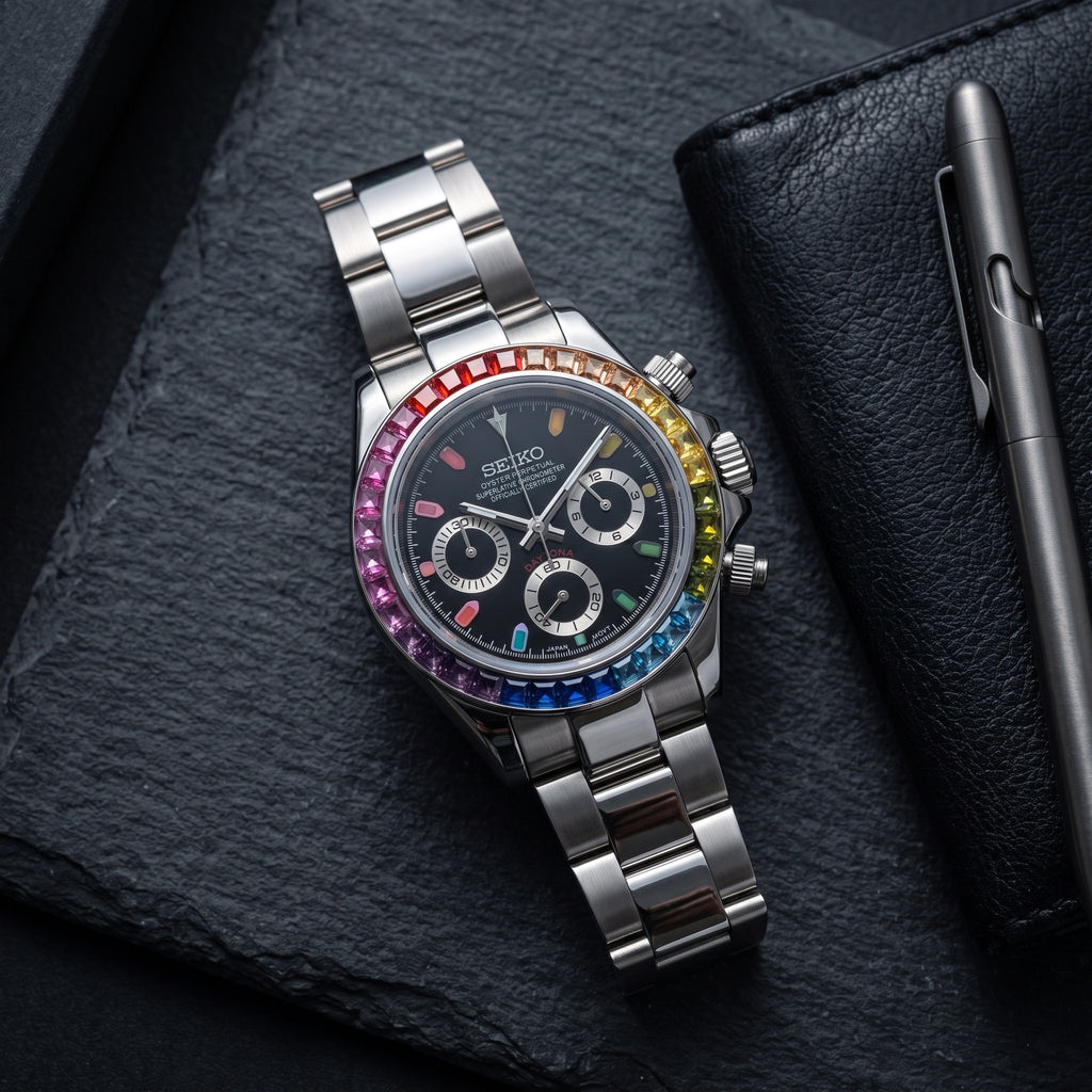 Tona Mod – Steel · Rainbow Bezel · Black Dial – 40mm – Chronograph – lifestyle flat lay