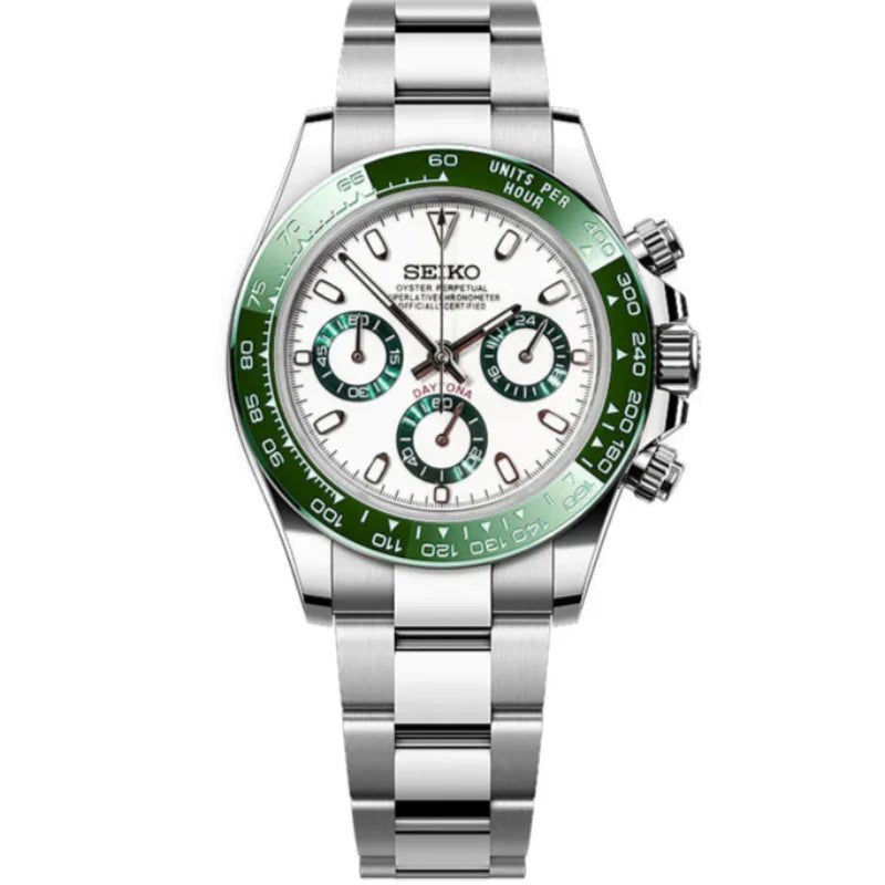 Tona Mod – Steel · White Green-Bezel Dial – 40mm – Chronograph — with Seiko logo