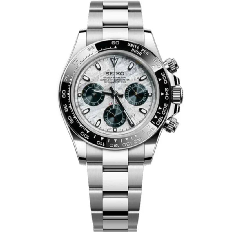 Tona Mod – Steel · White MOP Green Dial – 40mm – Chronograph — with Seiko logo