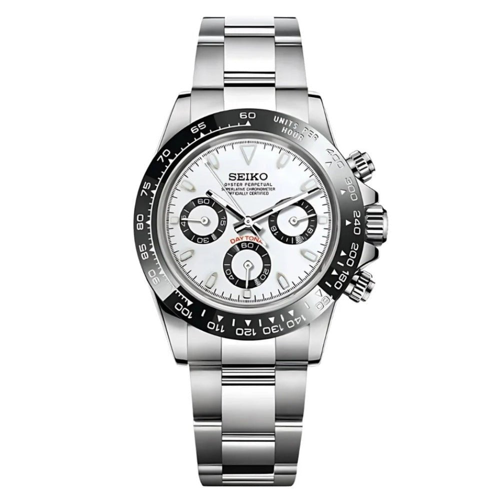 Tona Mod – Steel · White Panda Dial – 40mm – Chronograph — with Seiko logo