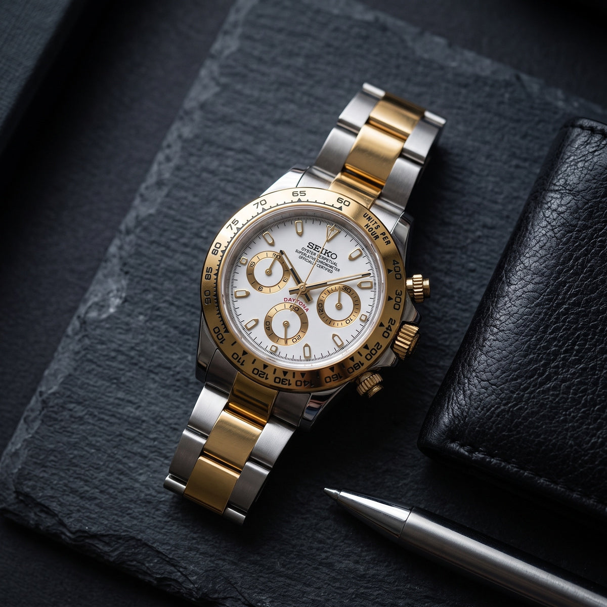 Tona Mod – Two-Tone Gold · White Dial – 40mm – Chronograph – lifestyle flat lay