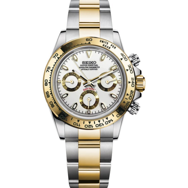 Tona Mod – Two-Tone Gold · White Dial · Rubber – 40mm – Chronograph — with Seiko logo